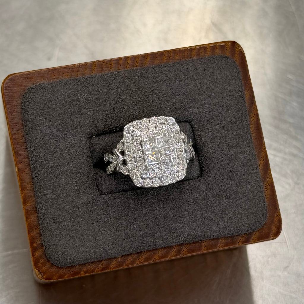 Women’s 14K White Gold Princess and Round Natural Diamond Cluster Ring