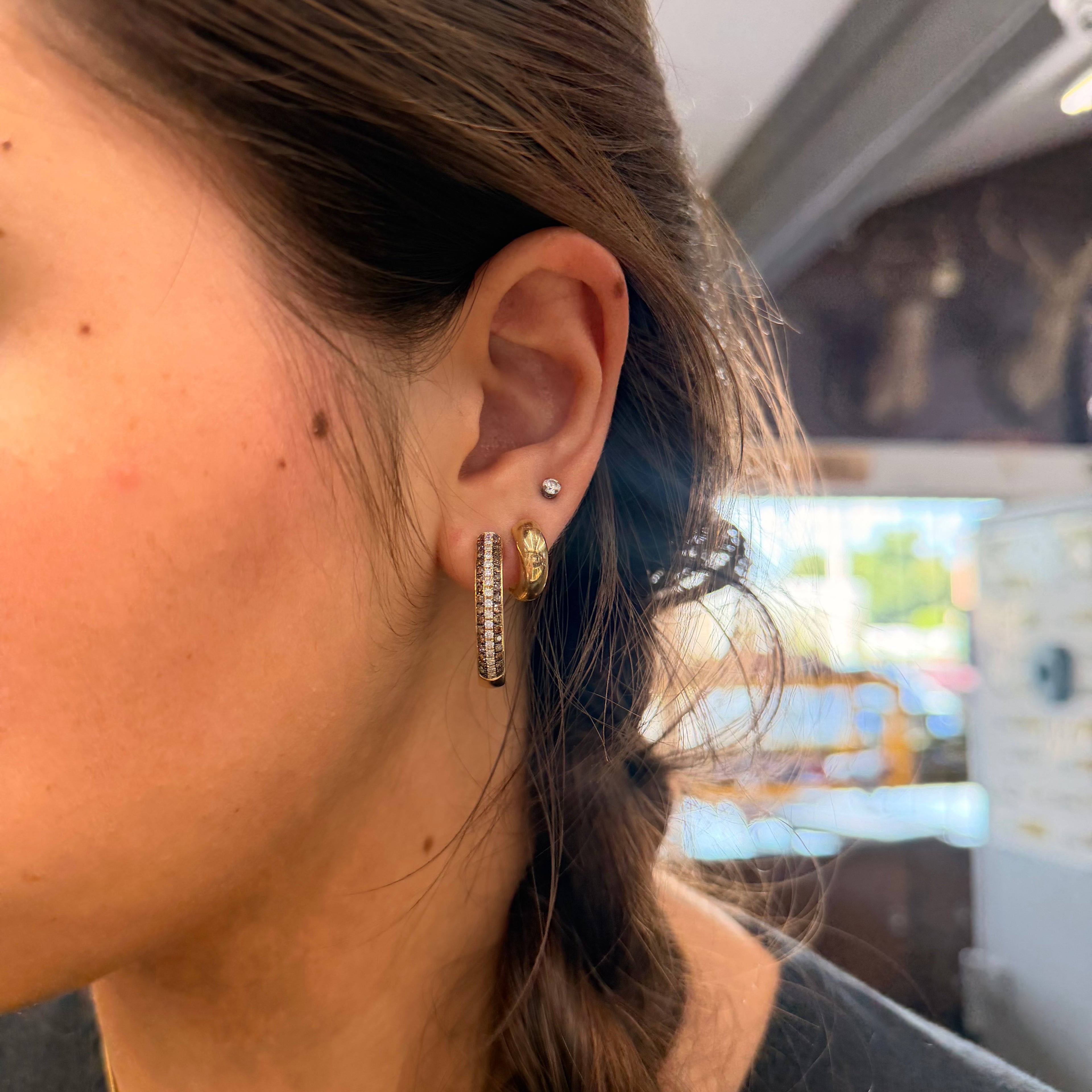 Women’s 14K Yellow Gold Natural White And Champagne Diamond Hoop Earrings