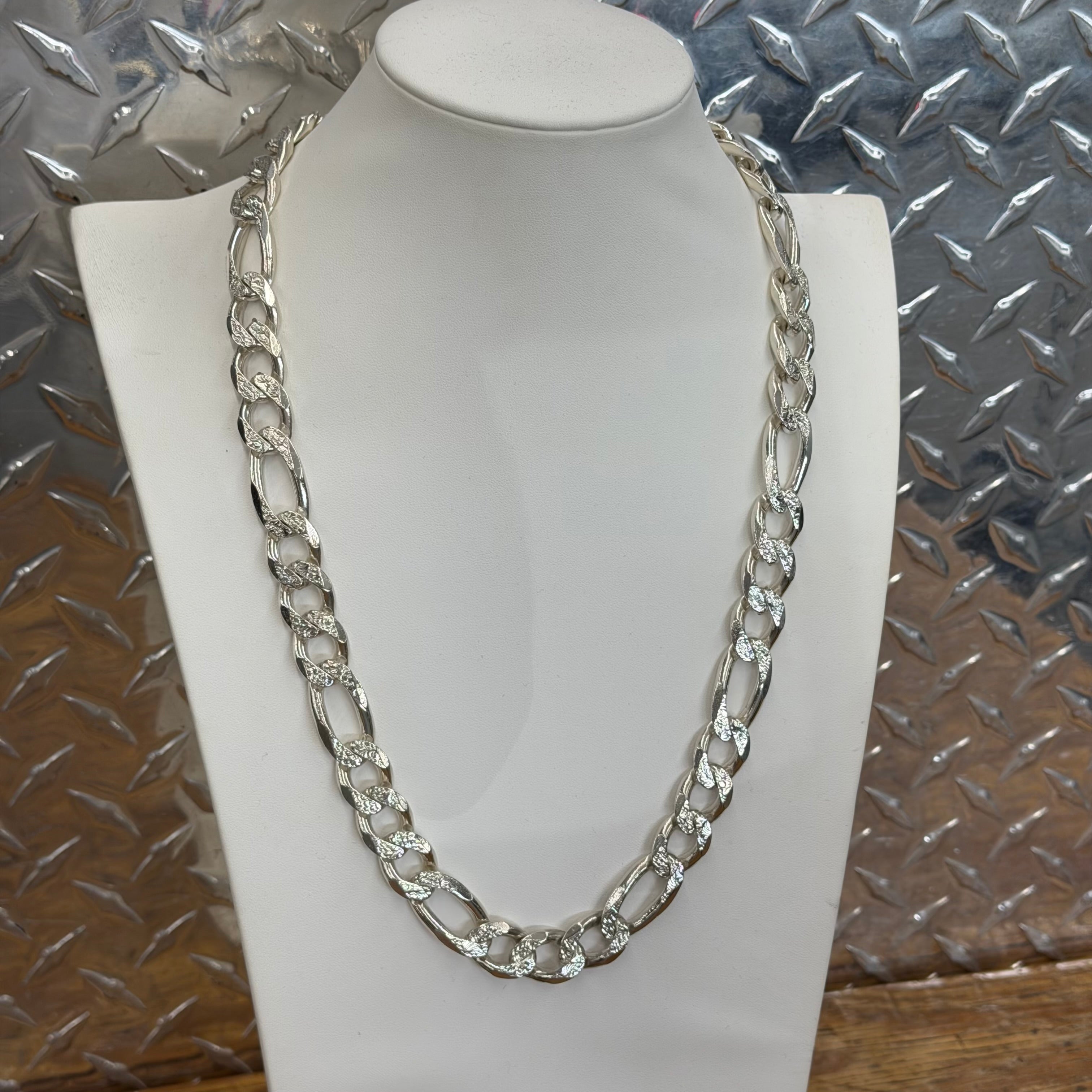 925 Sterling Silver Solid Diamond Cut Figaro Chain