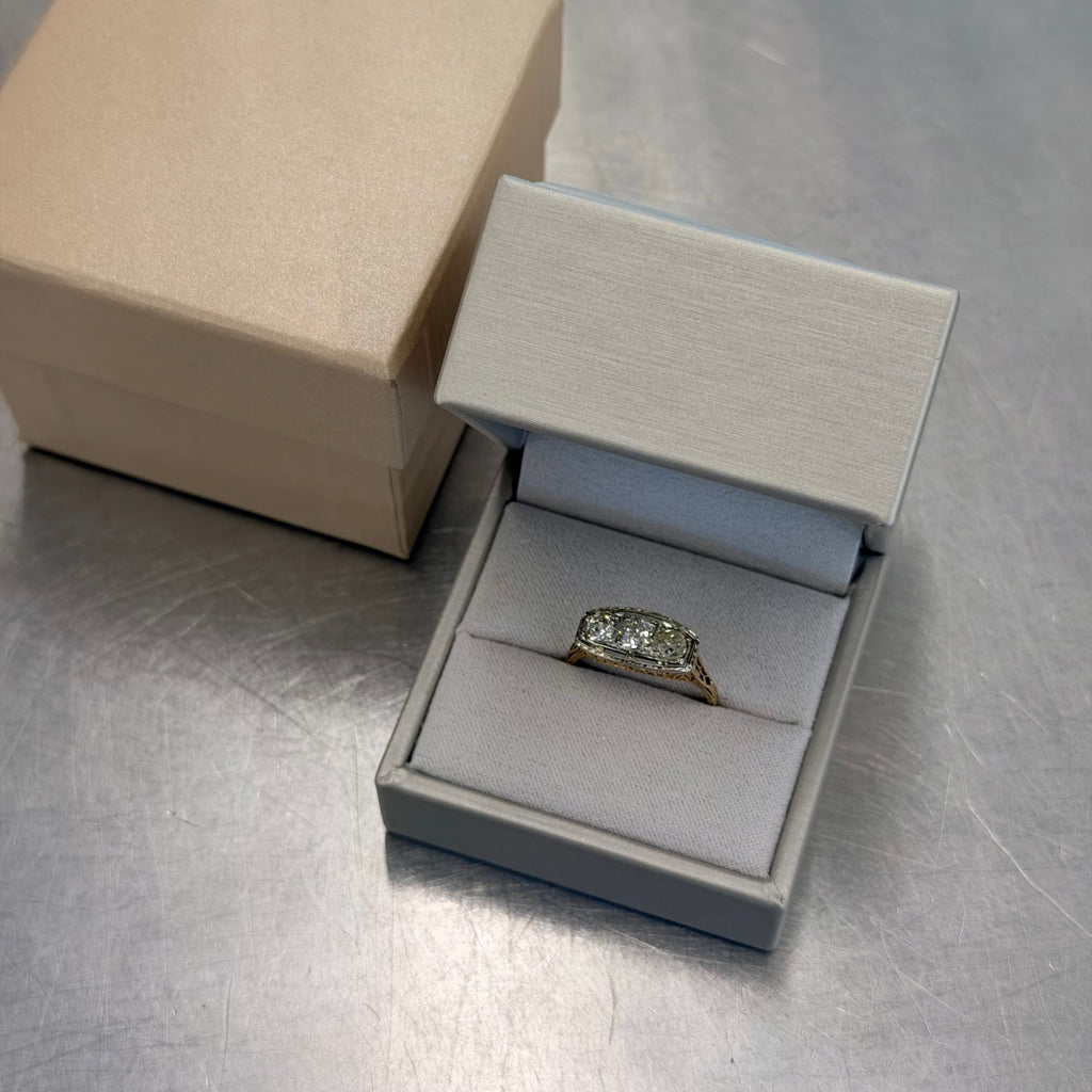 14K Yellow Gold Vintage Natural Diamond Past Present Future Engagement Ring