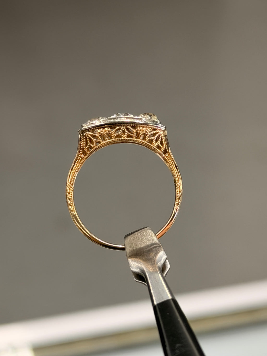 14K Yellow Gold Vintage Natural Diamond Past Present Future Engagement Ring